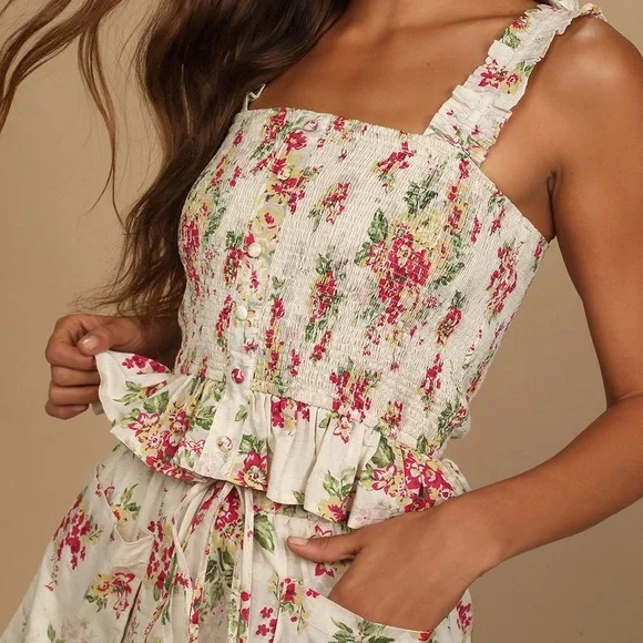 Blooming Views Beige Floral Print Ruffled Smocked Tank Top - Picture 3 of 5